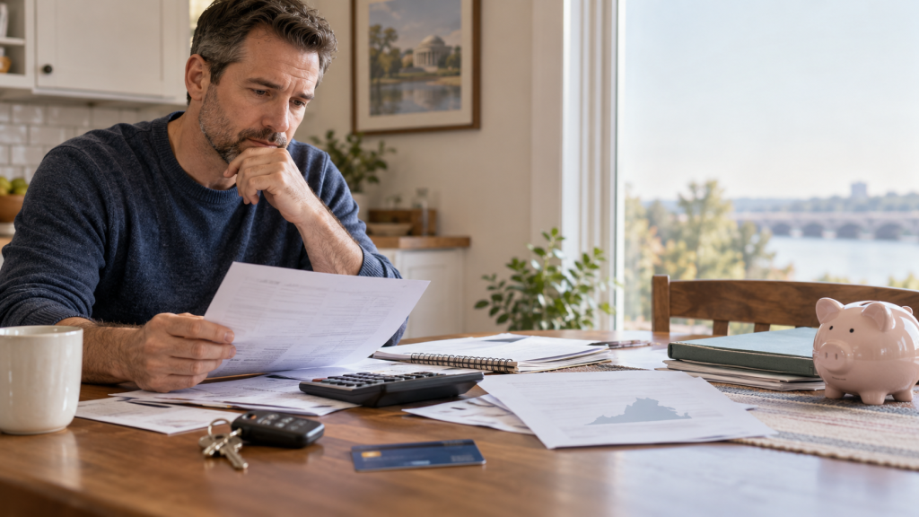 Man reviewing household bills while considering bankruptcy options